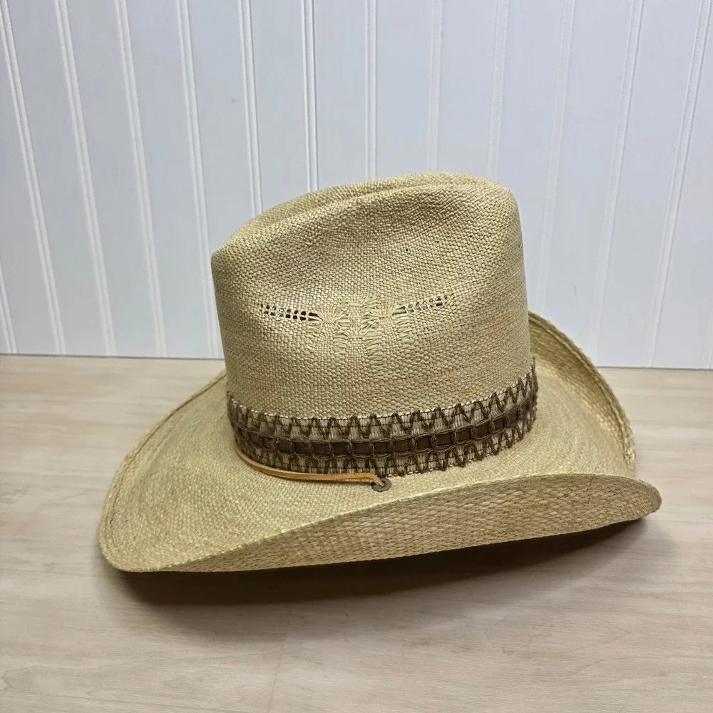Stetson Roadrunner Straw Cowboy Hat Tan Bryantcote Finish Feather Mens Size 7